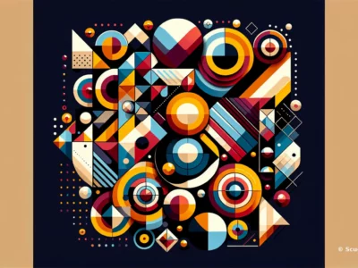 Composizione astratta di forme geometriche colorate su sfondo scuro con cerchi, triangoli e quadrati.