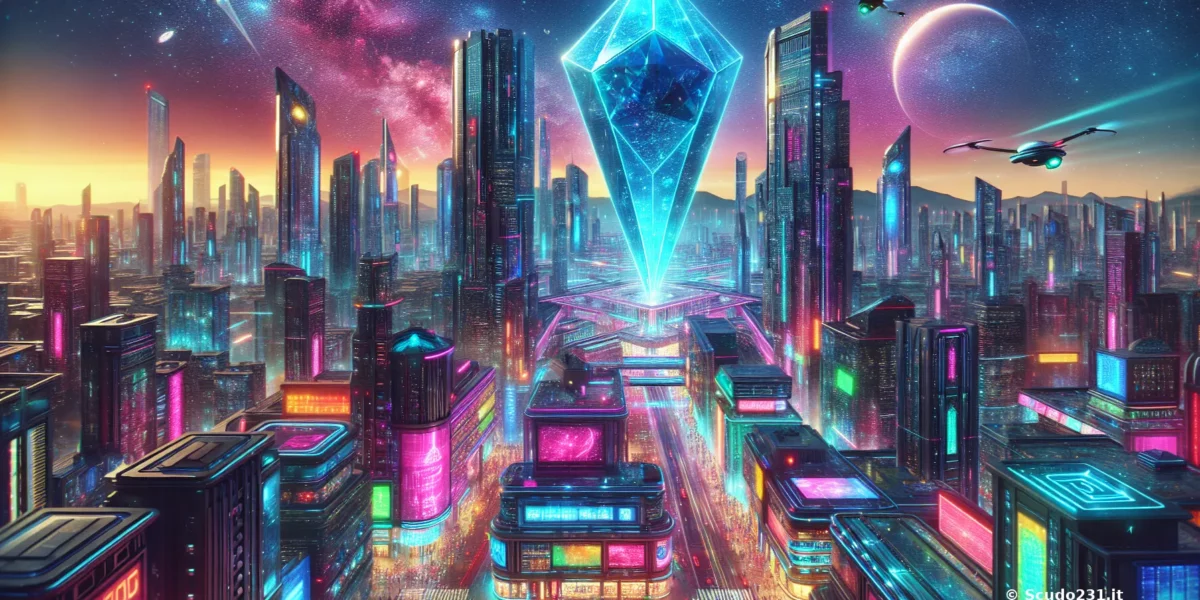 Città futuristica con grattacieli illuminati e un grande cristallo blu al centro, sotto un cielo stellato.