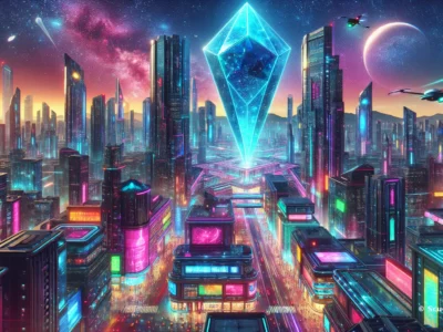 Città futuristica con grattacieli illuminati e un grande cristallo blu al centro, sotto un cielo stellato.