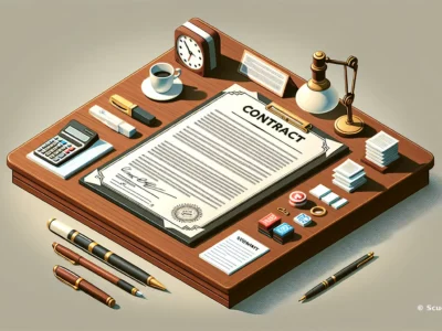 Scrivania con un contratto, penne, calcolatrice, orologio e lampada, rappresentativa di un ambiente di lavoro.
