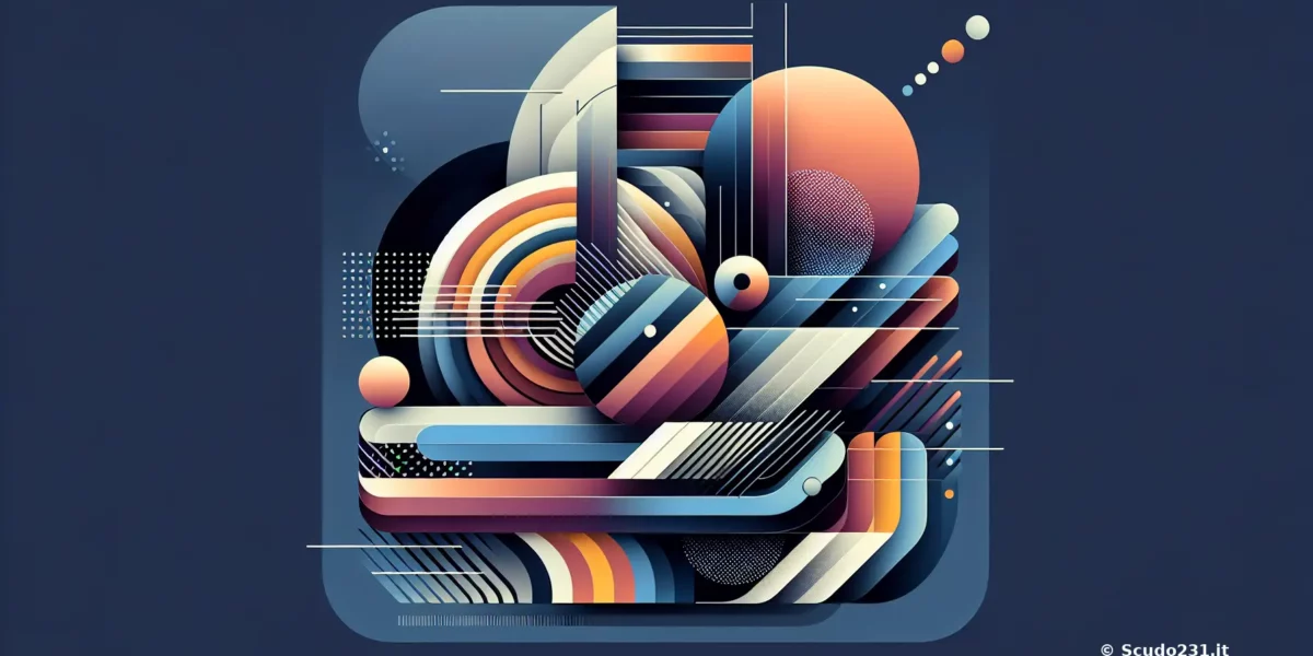Immagine astratta multicolore su sfondo blu scuro con forme geometriche e sfere, logo Scudo231 presente nell’angolo, grafica moderna e astratta.