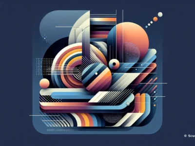 Immagine astratta multicolore su sfondo blu scuro con forme geometriche e sfere, logo Scudo231 presente nell’angolo, grafica moderna e astratta.