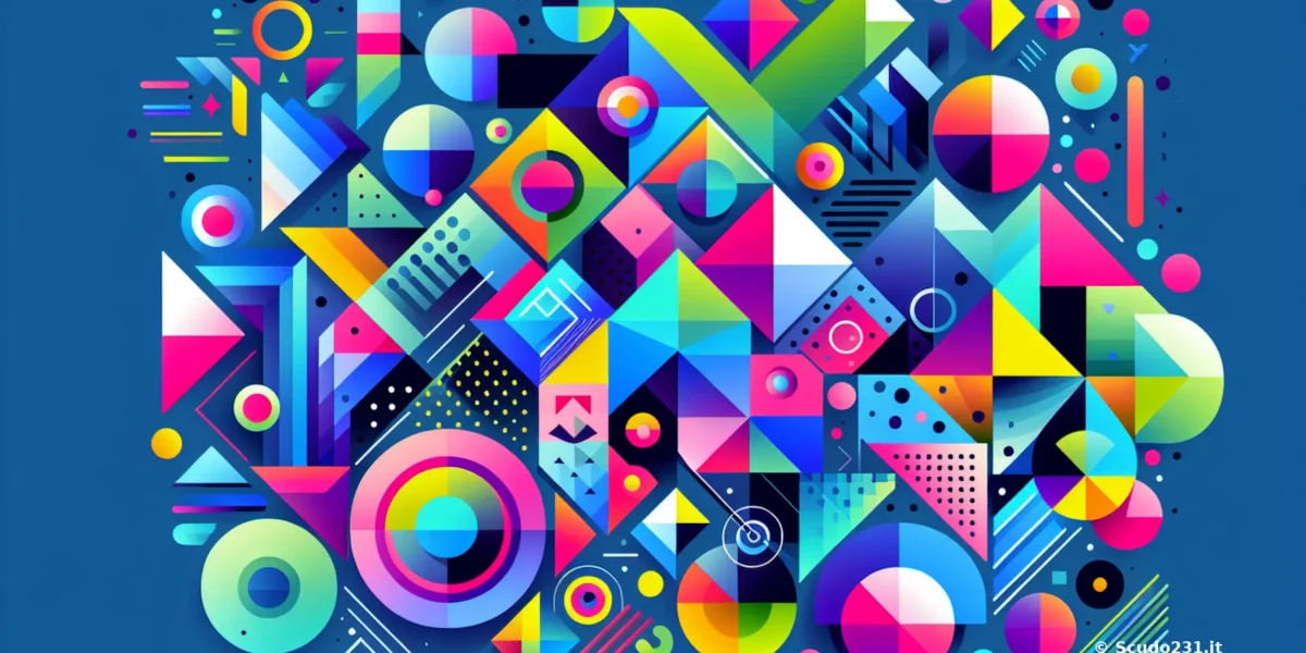 Composizione astratta di forme geometriche colorate su sfondo blu, con cerchi, triangoli e quadrati in vari colori.