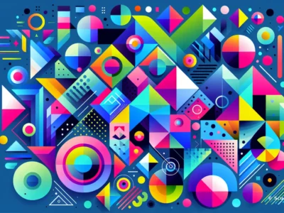 Composizione astratta di forme geometriche colorate su sfondo blu, con cerchi, triangoli e quadrati in vari colori.