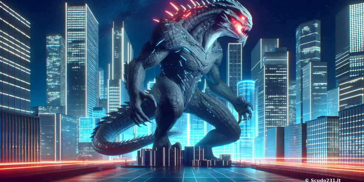 Scudo231: creatura mostruosa simile a un drago urbano, colore grigio/blue con spine rosse, gigantesca, circondata da una skyline cittadina notturna illuminata.