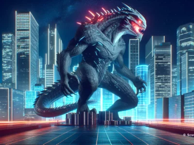 Scudo231: creatura mostruosa simile a un drago urbano, colore grigio/blue con spine rosse, gigantesca, circondata da una skyline cittadina notturna illuminata.