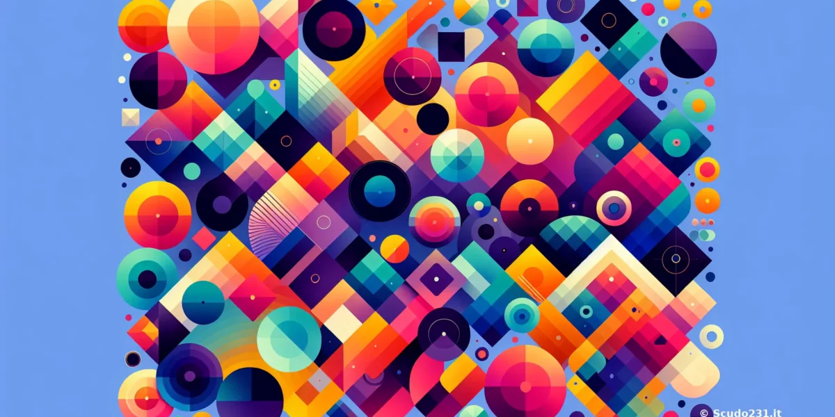 Composizione astratta con forme geometriche colorate, inclusi cerchi, quadrati e triangoli in tonalità vivaci.