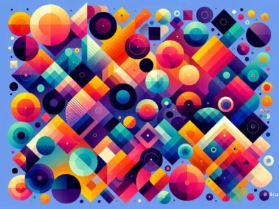 Composizione astratta con forme geometriche colorate, inclusi cerchi, quadrati e triangoli in tonalità vivaci.