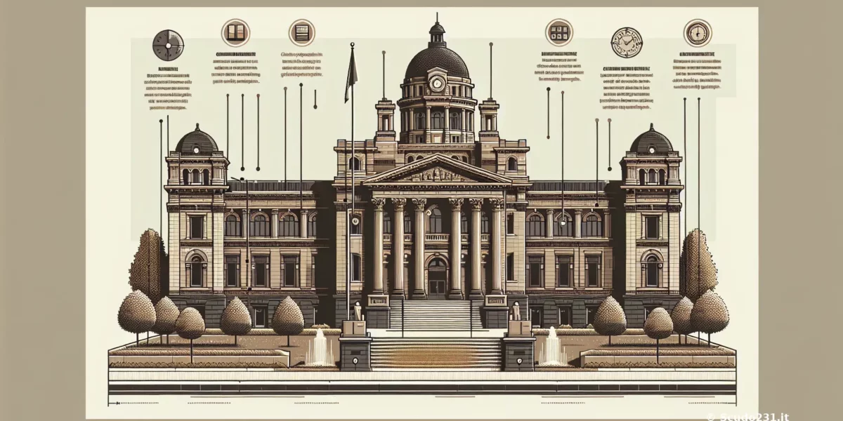 Illustrazione di un edificio storico con colonne, cupole e dettagli architettonici, rappresentato in uno stile grafico dettagliato.
