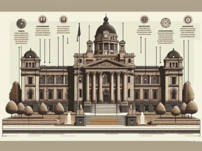 Illustrazione di un edificio storico con colonne, cupole e dettagli architettonici, rappresentato in uno stile grafico dettagliato.
