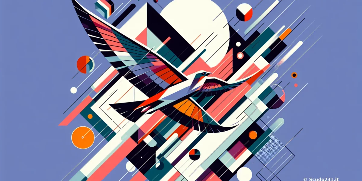 Scudo231: grafica astratta con uccello stilizzato in colori vivaci su sfondo blu, composizione geometrica con linee e cerchi, watermark © Scudo231.it