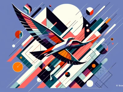 Scudo231: grafica astratta con uccello stilizzato in colori vivaci su sfondo blu, composizione geometrica con linee e cerchi, watermark © Scudo231.it
