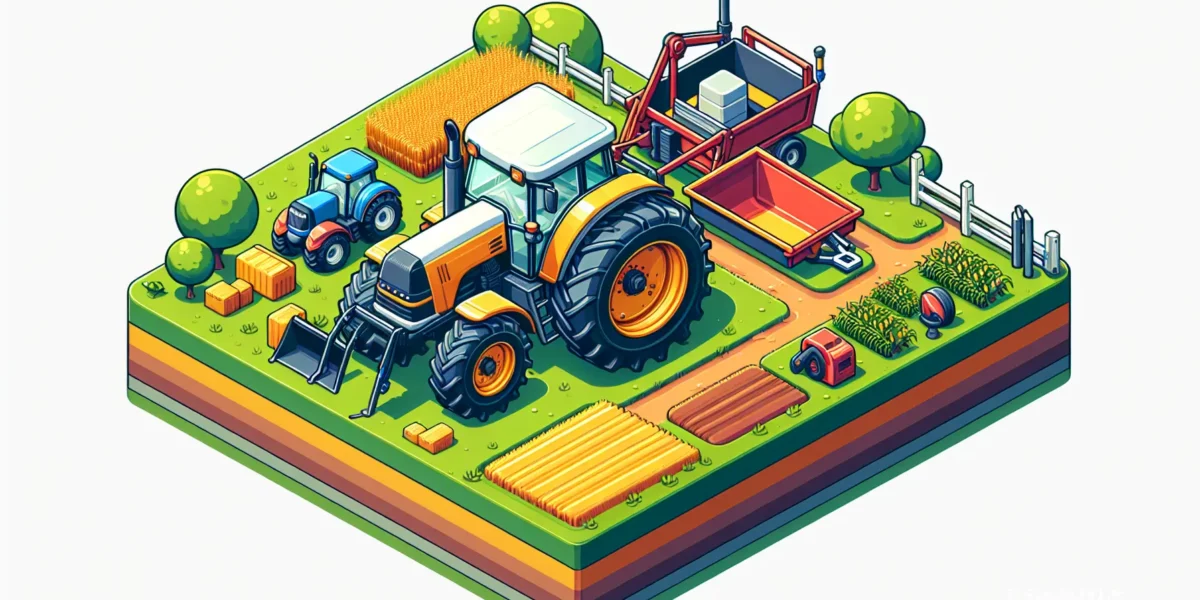 Illustrazione isometrica di un campo agricolo con trattore giallo, rimorchio e macchinari, branding Scudo231, colori vivaci e dettagli di coltivazioni