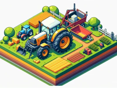 Illustrazione isometrica di un campo agricolo con trattore giallo, rimorchio e macchinari, branding Scudo231, colori vivaci e dettagli di coltivazioni