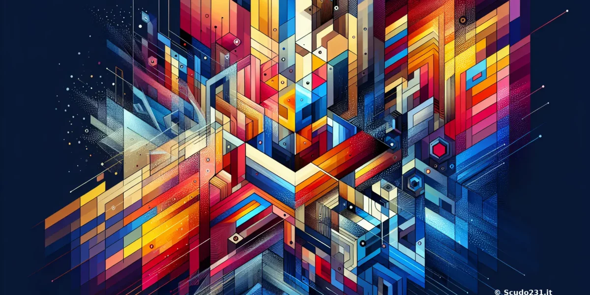 Immagine astratta con colori vivaci e forme geometriche, branding Scudo231 presente, un possibile grafico digitale moderno su sfondo blu scuro.
