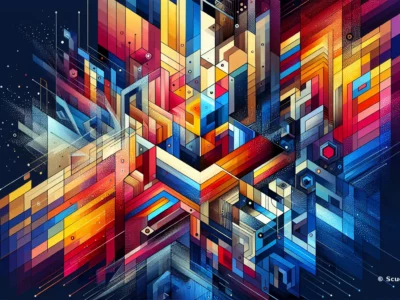 Immagine astratta con colori vivaci e forme geometriche, branding Scudo231 presente, un possibile grafico digitale moderno su sfondo blu scuro.