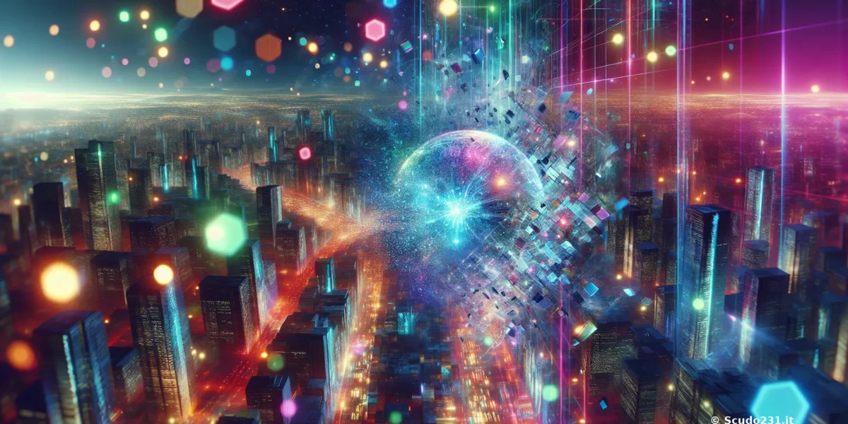 Scena futuristica di città illuminata con luci neon blu e viola, atmosfera cyberpunk, skyline luminoso e logo Scudo231 in basso a destra