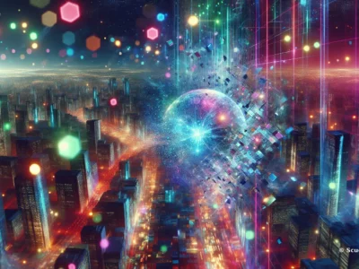 Scena futuristica di città illuminata con luci neon blu e viola, atmosfera cyberpunk, skyline luminoso e logo Scudo231 in basso a destra