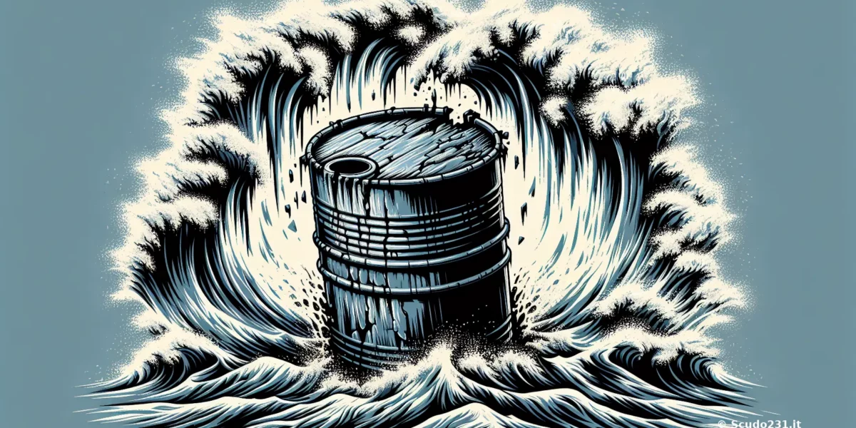 Barile in legno circondato da grandi onde blu-grigio, illustrazione stilizzata con logo Scudo231 in basso a destra, immagine marina dinamica e artistica