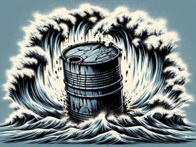 Barile in legno circondato da grandi onde blu-grigio, illustrazione stilizzata con logo Scudo231 in basso a destra, immagine marina dinamica e artistica