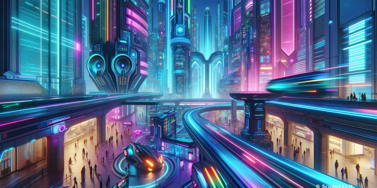 Scudo231: panoramica di una metropoli futuristica con luci neon blu e viola, torri scenografiche, passerelle sospese e veicoli veloci in un contesto urbano cyberpunk.