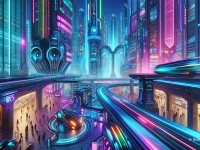 Scudo231: panoramica di una metropoli futuristica con luci neon blu e viola, torri scenografiche, passerelle sospese e veicoli veloci in un contesto urbano cyberpunk.