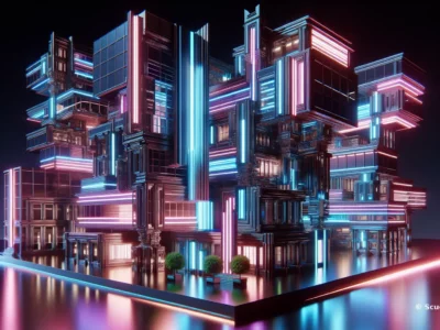 Strutture futuristiche illuminate da linee neon rosa e azzurre compongono un complesso architettonico 3D su fondo scuro, con riflessi metallici.
