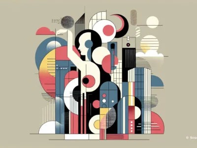 Composizione astratta con figure geometriche, cerchi sovrapposti, linee sottili e blocchi verticali in rosa, blu, nero e crema su sfondo beige.
