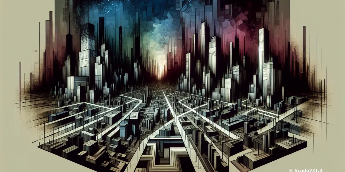 Rappresentazione astratta di una skyline futuristica con grattacieli e vie illuminate, colori multicolore e profondità di campo, logo © Scudo231.it visibile sul lato.