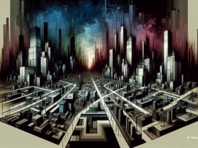 Rappresentazione astratta di una skyline futuristica con grattacieli e vie illuminate, colori multicolore e profondità di campo, logo © Scudo231.it visibile sul lato.
