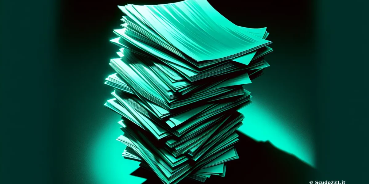 Pila di fogli verde-turchese illuminate da una luce intensa su sfondo scuro, con marchio © Scudo231.it nell’angolo, evocando documentazione e gestione della conformità.