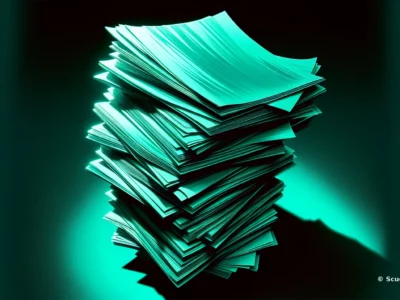 Pila di fogli verde-turchese illuminate da una luce intensa su sfondo scuro, con marchio © Scudo231.it nell’angolo, evocando documentazione e gestione della conformità.