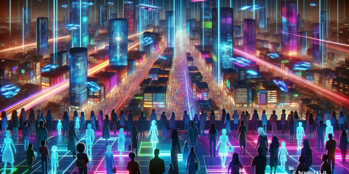 Scudo231: città futuristica illuminata al neon con grattacieli colorati, strade luminose e figure stilizzate in primo piano lungo il bordo dinanzi a un cielo notturno.
