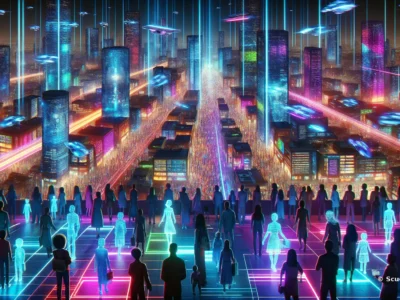Scudo231: città futuristica illuminata al neon con grattacieli colorati, strade luminose e figure stilizzate in primo piano lungo il bordo dinanzi a un cielo notturno.
