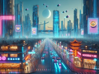 Nel mondo cyberpunk di Scudo231, grattacieli al neon, auto volanti e insegne cinesi illuminano una vasta metropoli futuristica al tramonto.