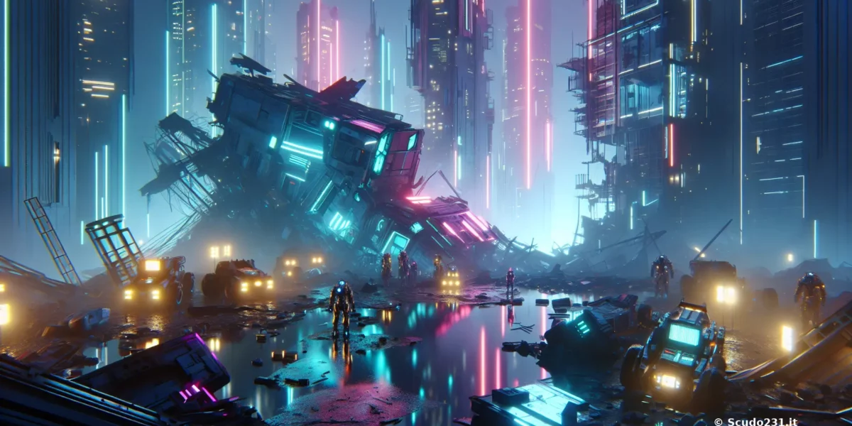 Scudo231: panorama urbano futuristico con luci al neon, rottami sparsi e veicoli abbandonati, riflessi sulle pozze d'acqua e figure in tuta spaziale in primo piano