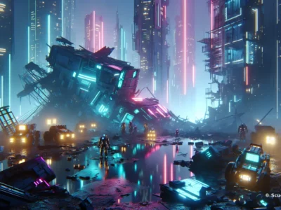 Scudo231: panorama urbano futuristico con luci al neon, rottami sparsi e veicoli abbandonati, riflessi sulle pozze d'acqua e figure in tuta spaziale in primo piano