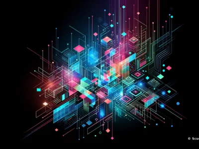 Grafica astratta neon di Scudo231 con linee geometriche, cubi luminosi e tracciati digitali rosa, blu e turchesi su sfondo nero.