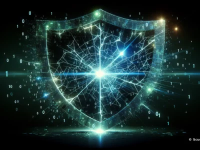 Un grande scudo digitale di Scudo231 si rompe al centro tra linee luminose e numeri binari, evocando protezione, sicurezza e tecnologia avanzata.