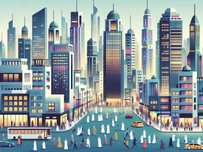 In una skyline urbana stilizzata, grattacieli colorati e traffico affollano una strada con persone in abiti tradizionali sotto un cielo chiaro.