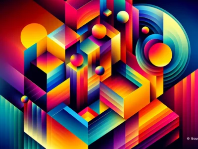 Composizione astratta multicolore con forme geometriche, cubi, sfere e cerchi concentrici in un gioco di luci vivide e contrasti neon su sfondo scuro.