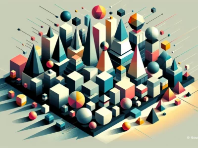 Nell'illustrazione astratta di Scudo231, forme geometriche tridimensionali colorate compongono un paesaggio futuristico con sfere, cubi e piramidi.