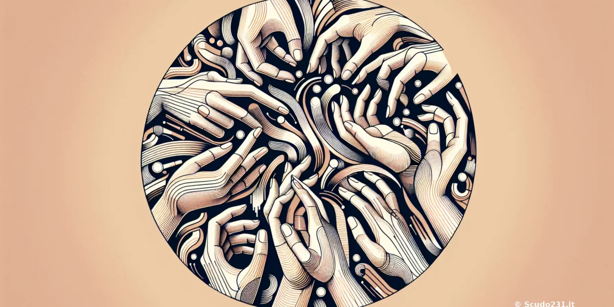 Illustrazione circolare con molte mani Stilizzate che si intrecciano al centro, tonalità beige e blu scuro, branding Scudo231 presente nell’angolo inferiore destro
