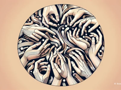 Illustrazione circolare con molte mani Stilizzate che si intrecciano al centro, tonalità beige e blu scuro, branding Scudo231 presente nell’angolo inferiore destro