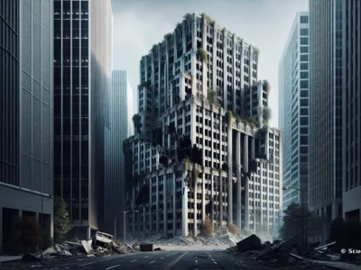 Tra i grattacieli del centro, un edificio devastato e invaso dalla vegetazione domina una strada piena di macerie sotto un cielo pallido.