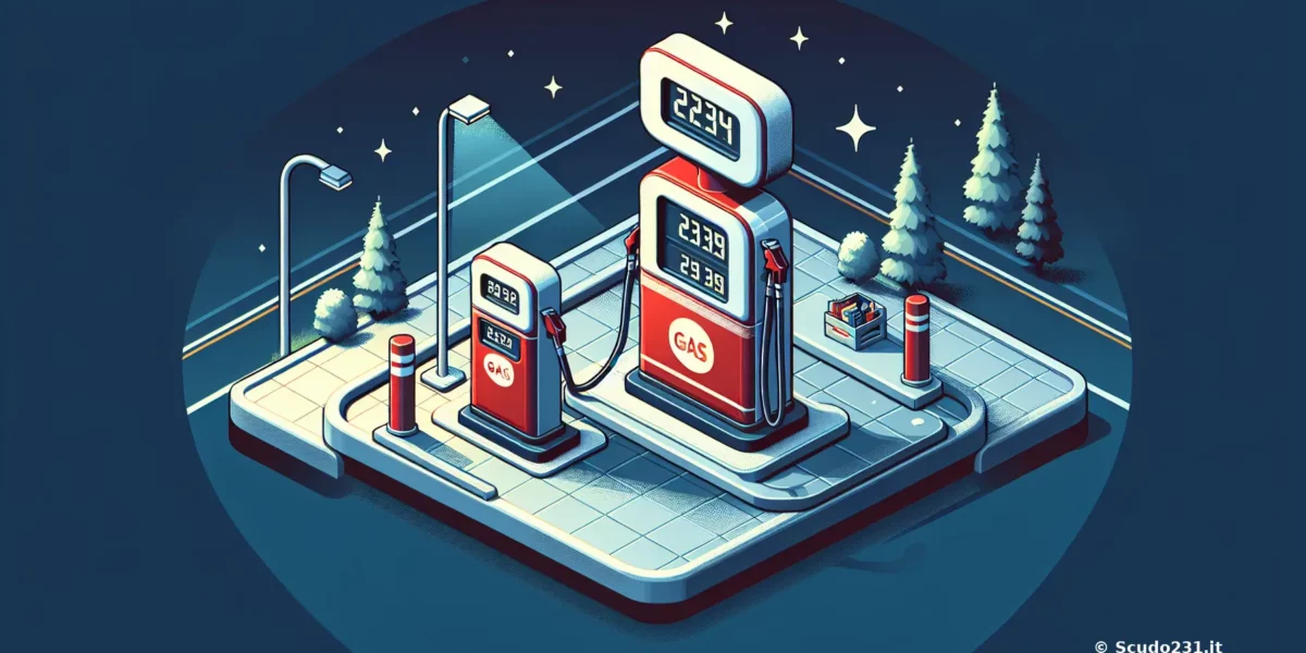 Scudo231 illustrazione isometrica di una stazione di servizio con due pompe a gas rosse, display digitali, ambiente notturno blu e alberi innevati sullo sfondo.