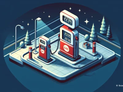Scudo231 illustrazione isometrica di una stazione di servizio con due pompe a gas rosse, display digitali, ambiente notturno blu e alberi innevati sullo sfondo.