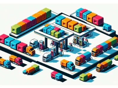 Illustrazione isometrica di una rete di camion colorati, container e colonnine di rifornimento, con veicoli in movimento su una piattaforma logistica.