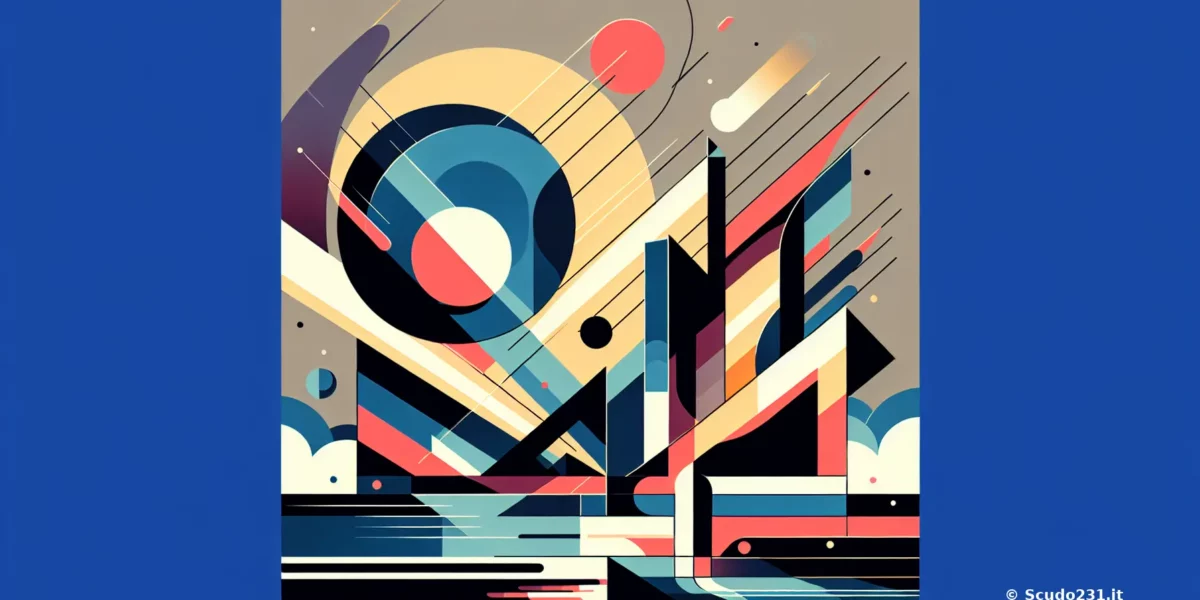 Immagine astratta e geometrica con palette multicolore su sfondo blu, elementi circolari e linee diagonali, watermark © Scudo231.it