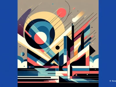 Immagine astratta e geometrica con palette multicolore su sfondo blu, elementi circolari e linee diagonali, watermark © Scudo231.it